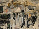 une peinture à l'huile représentant un paysage urbain avec des bâtiments et le ciel en arrière-plan