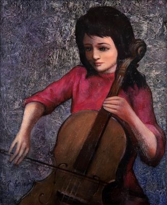 tableau représentant une jeune fille jouant du violoncelle