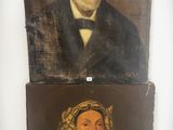 two paintings of a man and a woman are hanging on a wall