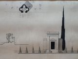 dessin représentant un bâtiment surmonté d'une horloge