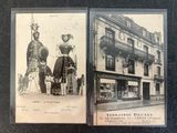 two old black and white photos of a man and a woman on horseback