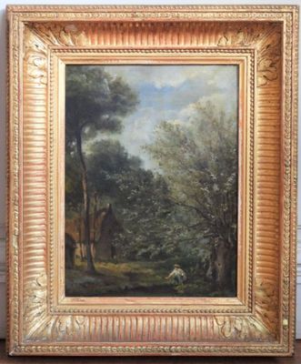 an oil painting of a wooded landscape with sheep in the foreground