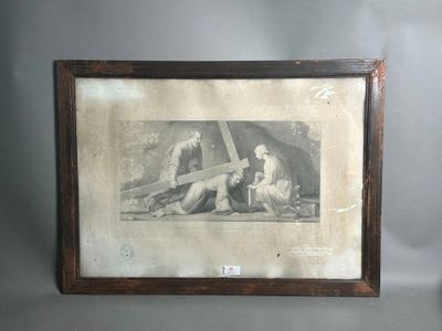 an old picture of a woman laying on the ground next to a cross