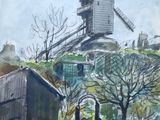 tableau représentant un moulin à vent sur une colline, avec une clôture au premier plan