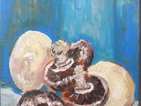 an oil painting of mushrooms on a table with a blue background