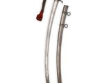 a close up of two swords with a red handle on a white background