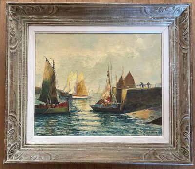 an oil painting of a harbor scene with sailboats in the water