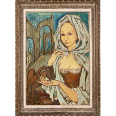 une peinture représentant une femme tenant un oiseau dans sa main