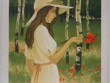 painting of a woman in a white hat holding a red flower in a field of poppies