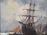 tableau représentant un bateau sur un plan d'eau, avec d'autres bateaux en arrière-plan