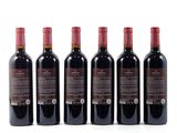 six bottles of red wine lined up in a row on a white surface