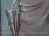 a painting of a woman holding a knife and fork