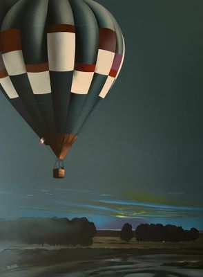a painting of a hot air balloon flying over the water