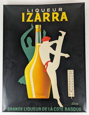an old poster of a woman leaning on a bottle of liquor