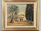 une peinture à l'huile représentant une petite maison, posée sur un chevalet en bois