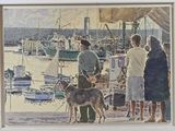 a painting of people and a dog on a pier