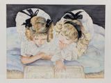painting of two little girls reading a book on a bed