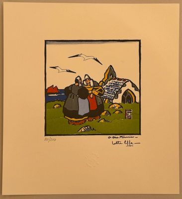 painting of a woman sitting in front of a castle with a bird flying over her head