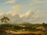 un tableau représentant un paysage avec du bétail au premier plan