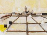 a painting of a view of a city from a window