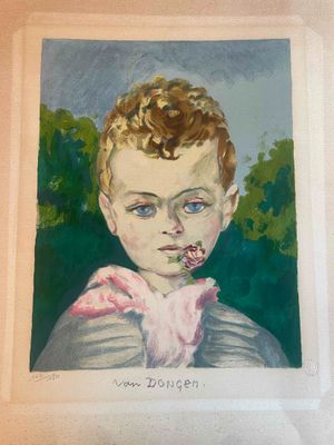 painting of a young boy with a flower in his mouth