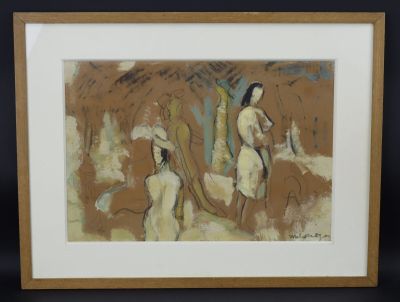 tableau représentant deux nus dans un décor boisé, avec des arbres en arrière-plan