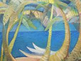 a painting of palm trees and a boat in the water