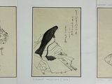 three framed asian paintings of a man with a sword, a woman with a bird, and a man with a sword