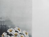 a painting of a vase of daisies on a table