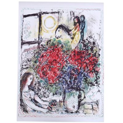 une image représentant un tableau où l'on voit une femme assise sur une table, avec des fleurs dans un vase
