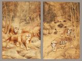 two paintings of lions and a tiger in a wooded area