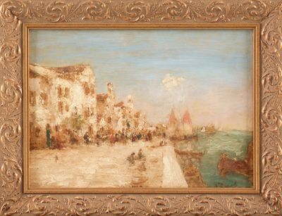 an image of a painting of a town by the water