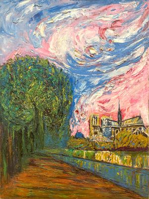 a painting of a painting of a river and a church
