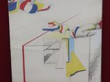 drawing of a room with a chair and a table with a painting on the wall