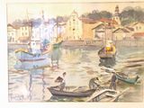 a painting of a man sitting in a boat on the water