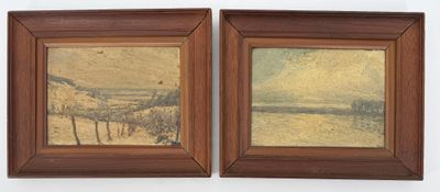deux tableaux encadrés représentant un paysage avec une rivière et des montagnes en arrière-plan