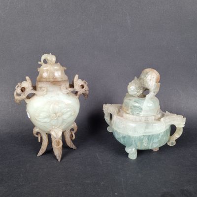 pair of chinese carved jade vases with figures on stands