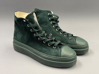 green sued high top sneakers with laces and rubber soles