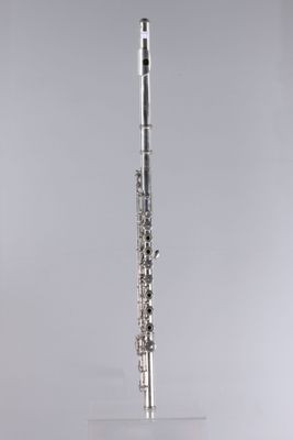 a silver flute sitting on top of a glass stand