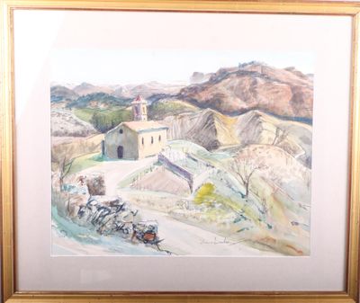 framed watercolor painting of a small church in a mountainous area