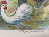 a drawing of a rooster and a man on a skateboard