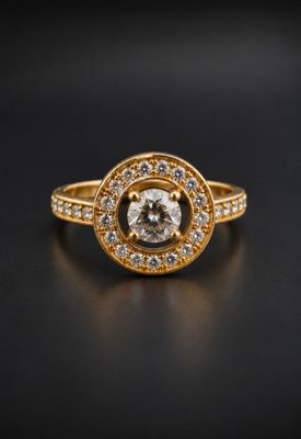 une bague en or jaune sertie d'un diamant blanc entouré de diamants