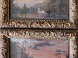 deux tableaux encadrés représentant des chevaux et des cavaliers dans un décor champêtre