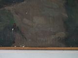 a painting on the wall of a room with a cat sitting on the floor