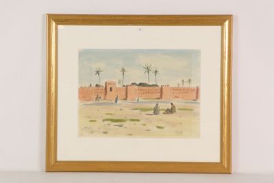 framed watercolor painting of a desert scene with palm trees in the background