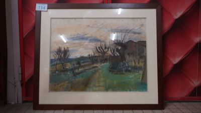 René Levrel (1900-1981) "La Charrette et la grange" fusain e…