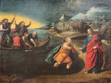 tableau représentant un groupe de personnes à bord d'un bateau sur un plan d'eau