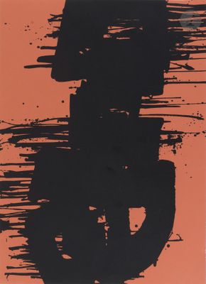 a black and orange painting of a man standing in front of an orange background