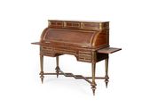 an antique writing desk with a wooden top and two drawers