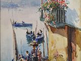 une peinture représentant un bateau sur l'eau, près d'un bâtiment
